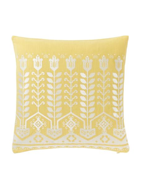 Geborduurde katoenen kussenhoes Jemima, Geel, wit, B 45 x L 45 cm