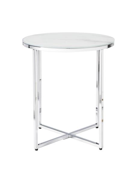 Tavolino rotondo con piano in vetro effetto marmo Antigua, Struttura: metallo cromato, Bianco effetto marmo. cromato, Ø 45 x Alt. 50 cm