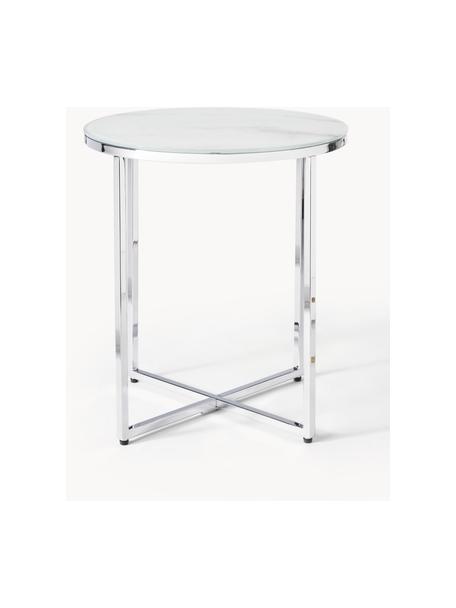 Kulatý odkládací stolek se skleněnou deskou v mramorovém vzhledu Antigua, Bílá v mramorovém vzhledu, chromová, Ø 45 cm, V 50 cm