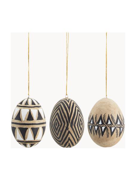 Set 3 ciondolo decorativi dipinti a mano Uova di Pasqua, Cinturino: plastica, Beige, bianco, nero, dorato, Ø 5 x Alt. 7 cm