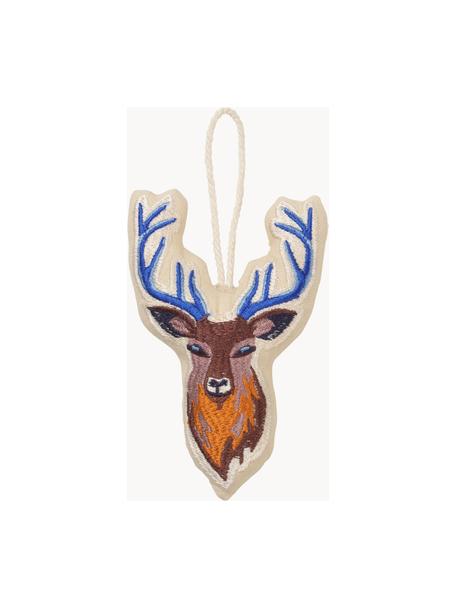 Bestickte Stoff-Baumanhänger Reindeer, 2 Stück, Baumwolle, Brauntöne, Blau, Beige, B 6 x H 10 cm