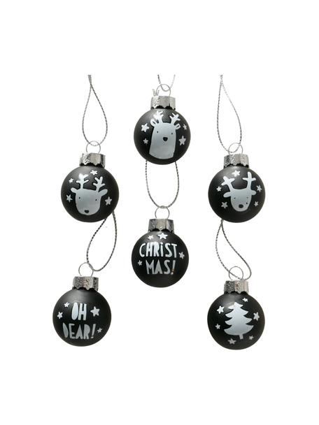 Handgemaakte kerstballenset Oh Dear, 12-delig, Zwart, wit, zilverkleurig, Ø 3 cm