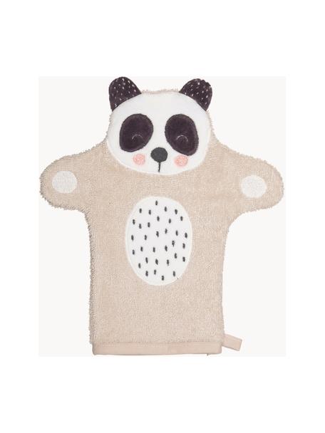 Gant de toilette en coton bio Panda Penny, 100 % coton bio, Beige, blanc, gris foncé, larg. 11 x long. 21 cm