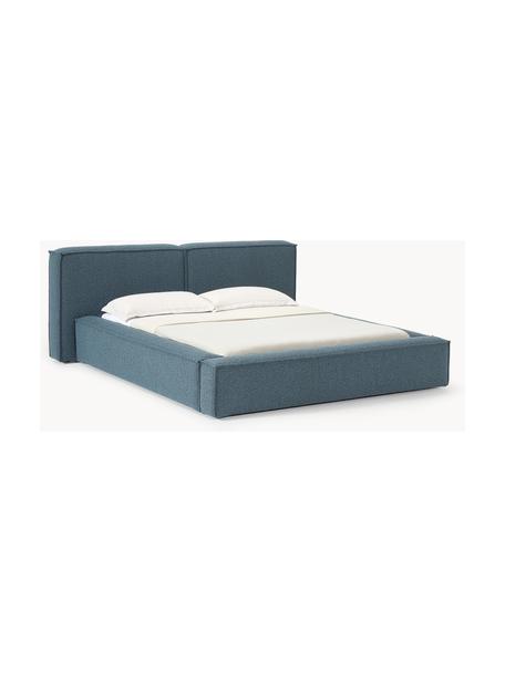 Bouclé gestoffeerd bed Lennon met opbergruimte, Bekleding: bouclé (80% polyester, 20, Frame: massief grenenhout, FSC-g, Poten: hout, kunststof Dit produ, Bouclé grijsblauw, B 228 x L 243 cm (ligvlak 160 x 200 cm)