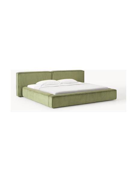 Cama tapizada en pana Lennon, Tapizado: pana (98% poliéster, 2% p, Estructura: madera de pino maciza, ma, Patas: madera, plástico Este pro, Pana verde oliva, An 268 x L 243 cm (colchón 200 x 200 cm)