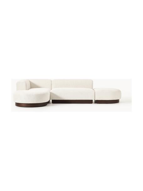 Modulares Ecksofa Natalie aus Teddy-Bouclé, Bezug: Teddy-Bouclé (100 % Polye, Gestell: mitteldichte Holzfaserpla, Sockel: Massives Buchenholz, lack, Teddy-Bouclé Off White, dunkles Buchenholz, B 337 x T 197 cm, Eckteil links