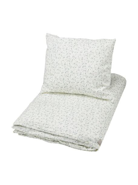 Satin-Bettwäsche Green Leaves aus Bio-Baumwolle, 100 % Bio-Baumwollsatin, GOTS-zertifiziert, Weiss, Grün, gemustert, 100 x 135 cm + 1 Kissen 40 x 60 cm