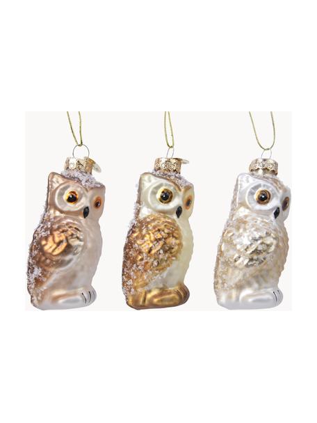 Adornos navideños Owls, 3 uds., Figura: vidrio, Beige, dorado, blanco, Ø 4 x Al 9 cm
