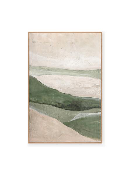 Quadro dipinto a mano con cornice in legno Green Field, Cornice: impiallacciatura di querc, Beige, verde salvia, legno chiaro, Larg. 100 x Alt. 150 cm