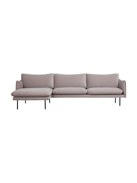 Divano angolare in velluto con piedini in metallo Moby, Rivestimento: velluto (rivestimento in , Struttura: legno di pino massiccio, , Piedini: metallo verniciato a polv, Velluto taupe, Larg. 280 x Prof. 160 cm, chaise longue a sinistra