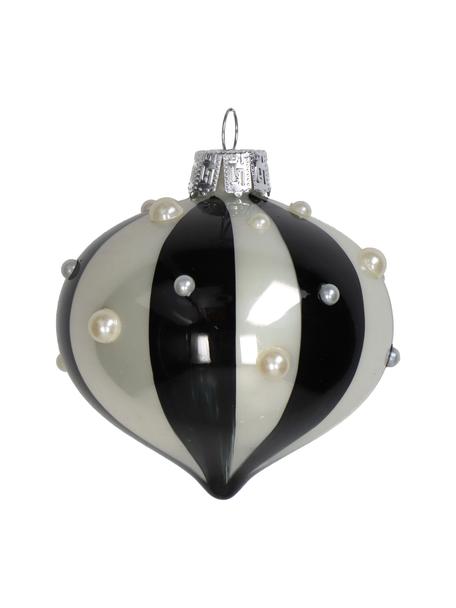 Décoration de sapin de Noël Stripe, 2 pièces, Verre, Noir, blanc nacré, brillant, Ø 8 cm