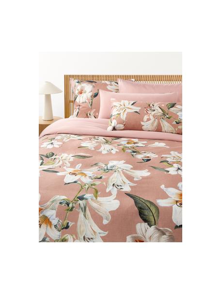 Funda nórdica de satén con estampado floral Flori, Rosa palo, multicolor, Cama 90 cm (155 x 220 cm)