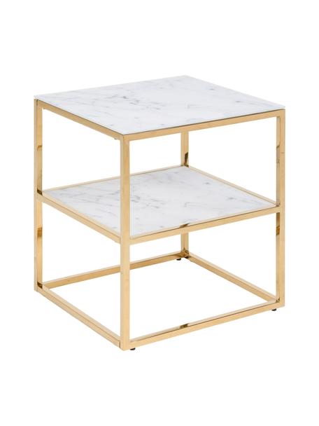 Odkládací stolek s mramorovanou skleněnou deskou Aruba, Bílá, mramorovaná, zlatá, Š 40 cm, V 51 cm