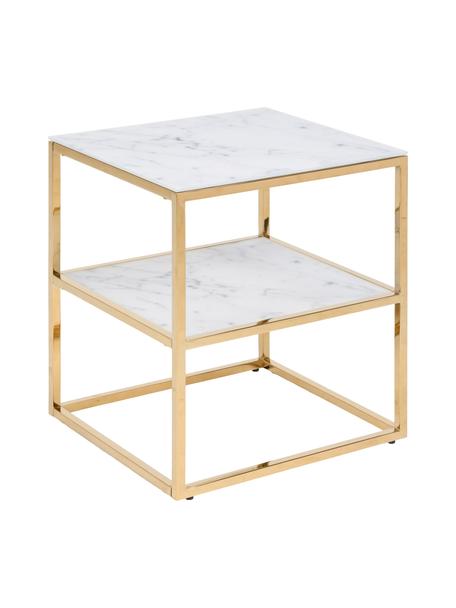 Beistelltisch Aruba mit marmorierter Glasplatte, Tischplatte: Sicherheitsglas, Metall, , Gestell: Metall, pulverbeschichtet, Marmor-Optik Weiss, Goldfarben, B 40 x H 51 cm