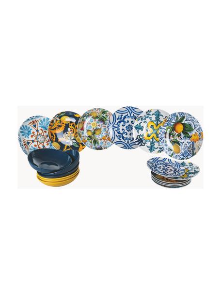 Serviesset Italian Beauty met kleurrijke design, 6 personen (set van 18), Porselein, Wit, geel- en blauwtinten, 6 personen (set van 18)