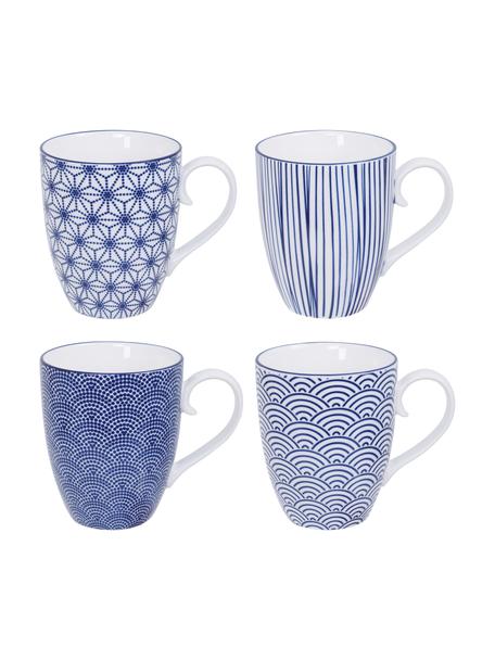 Handgemachte Porzellan-Tassen Nippon in Blau/Weiß, 4-er Set, Porzellan, Blau, Weiß, Ø 9 x H 10 cm, 380 ml