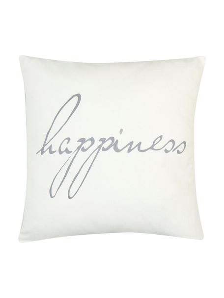 Kissenhülle Happiness mit Schriftzug, 100% Baumwolle, Panamabindung, Grau, Creme, 40 x 40 cm