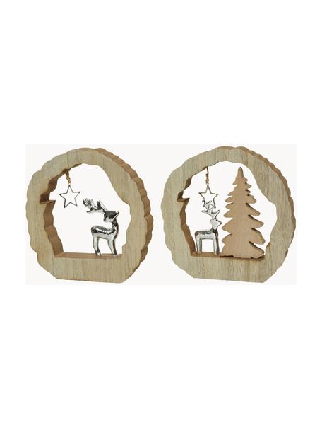Accessoires décoratifs Noël Reindeers, 2 élém., MDF (panneau en fibres de bois à densité moyenne), plastique, Beige, couleur argentée, larg. 15 x haut. 15 cm