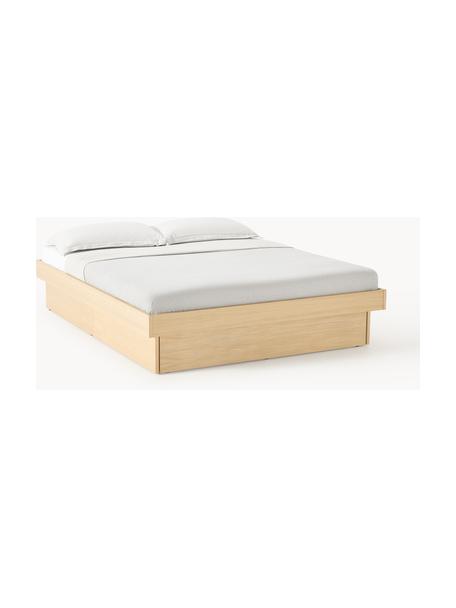 Cama de madera Sato, con espacio de almacenamiento, Aglomerado con chapa de roble, tablero de fibra de densidad media (MDF) recubierto de melamina con aspecto de roble, madera maciza de pino.

Este producto está hecho de madera de origen sostenible y con certificación FSC®., Madera de roble, An 140 x L 200 cm