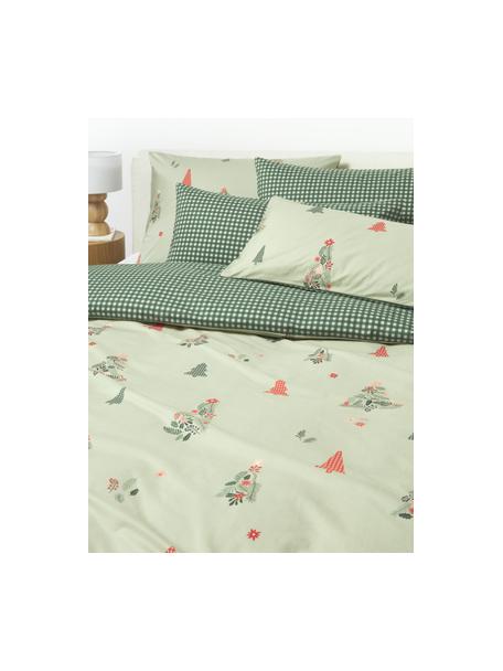 Housse de couette en percale de coton Pine, Vert sauge, vert foncé, rouge, larg. 140 x long. 200 cm