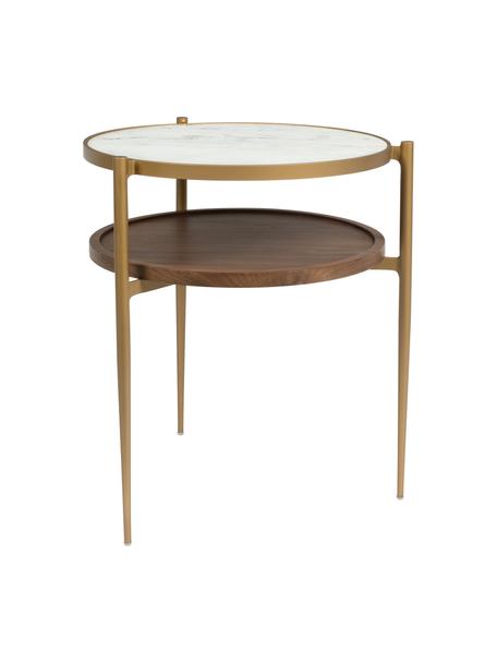 Okrągły stolik pomocniczy z imitacji marmuru Bella, Blat: ceramika z imitacją marmu, Stelaż: metal lakierowany, Biały, odcienie złotego, drewno orzecha włoskiego, Ø 45 x W 54 cm