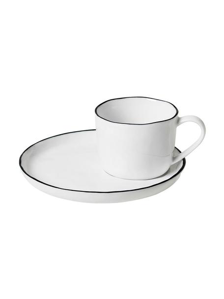 Ručne vyrobená šálka na espresso s podšálkou z porcelánu Salt, Porcelán, Lomená biela s čiernym okrajom, Ø 6 x V 5 cm, 90 ml