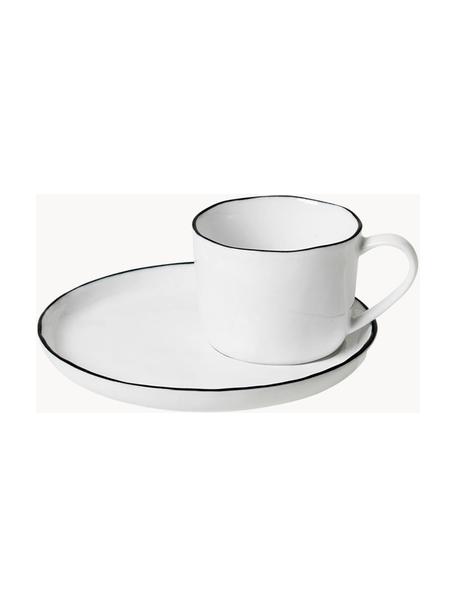 Ručne vyrobená šálka na espresso s podšálkou z porcelánu Salt, Porcelán, Lomená biela s čiernym okrajom, Ø 6 x V 5 cm, 90 ml