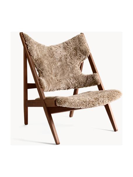 Fauteuil lounge en tissu peluche Knitting, Teddy taupe, bois de noyer, long. 71 x larg. 67 cm