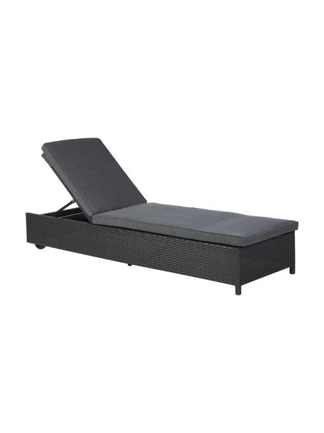 Lettino prendisole con ruote Sun, Rivestimento: 100% poliestere, Struttura: alluminio verniciato, Tessuto: rattan PE (6 mm), Gambe: plastica, acciaio inossid, Nero, Larg. 198 x Prof. 62 cm