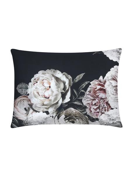 Taies d'oreiller en satin de coton Blossom, 2 pièces, 50 x 70 cm, Noir, motif floral, larg. 50 x long. 70 cm