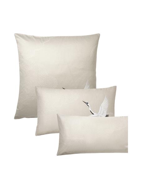 Federa in raso di cotone con motivo cicogna Yuma, Beige, Larg. 50 x Lung. 80 cm