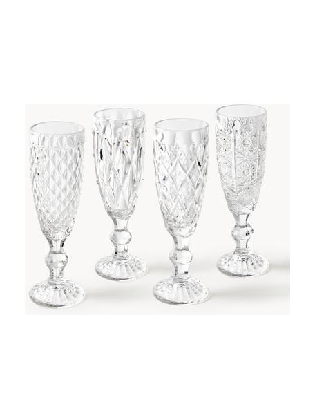 Champagneglas Geometric met structuurpatroon, set van 4, Glas, Transparant, Ø 6 x H 20 cm, 130 ml
