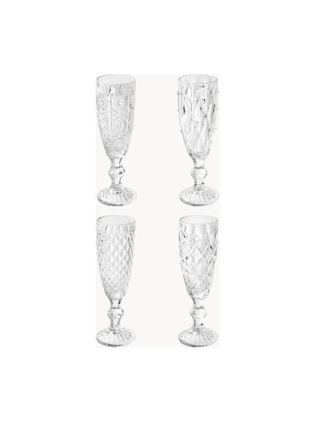 Set di 4 flute da champagne con motivo strutturato Geometric, Vetro, Trasparente, Ø 6 x Alt. 20 cm, 130 ml