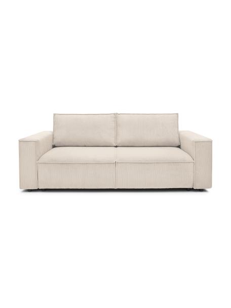 Sofa rozkładana ze sztruksu z miejscem do przechowywania Nihad (3-osobowa), Tapicerka: sztruks poliestrowy, Nogi: tworzywo sztuczne, Beżowy, S 245 x G 102 cm