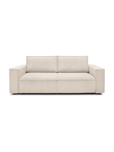 Divano letto 3 posti in velluto a coste beige con contenitore Nihad, Rivestimento: corda di poliestere, Sottostruttura: legno, molle Nosag, Piedini: plastica, Velluto a coste beige, nero, Larg. 245 x Prof. 102 cm