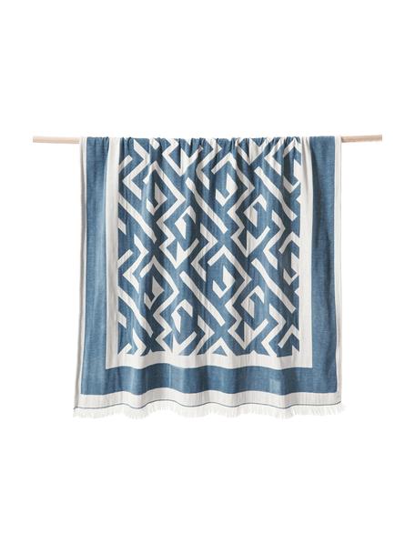 Plaid Arthur met franjes en geometrisch patroon, 50% katoen, 50% polyester, Blauw, wit, B 130 x L 170 cm
