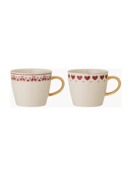 Schalen Jolly met winters motief en goudkleurige details, set van 2, Keramiek, Rood, wit, Ø 9 x H 8 cm, 300 ml