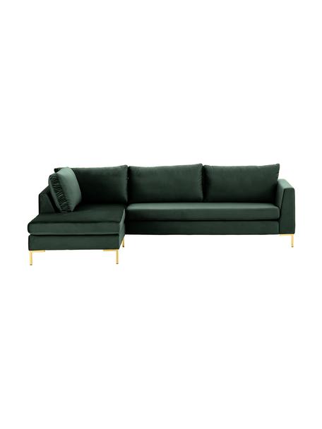 Canapé d'angle velours et pieds en métal Luna, Velours vert foncé, larg. 280 x prof. 184 cm, méridienne à gauche