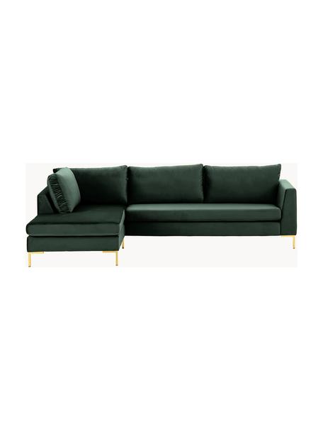 Divano angolare in velluto Luna, Rivestimento: velluto (100% poliestere), Struttura: legno massiccio di faggio, Velluto verde scuro, oro, Larg. 280 x Prof. 184 cm, chaise-longue a sinistra