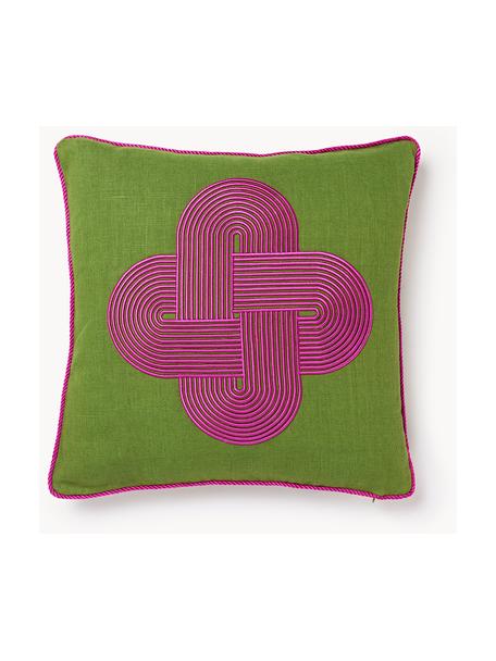 Cuscino decorativo in lino Pompidou, Rivestimento: 100% lino, Decorazione: raso (100 % cotone), Verde, rosa, Larg. 45 x Lung. 45 cm