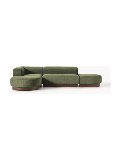 Modulares Ecksofa Natalie aus Teddy-Bouclé, Bezug: Teddy-Bouclé (100 % Polye, Gestell: mitteldichte Holzfaserpla, Sockel: Massives Buchenholz, lack, Teddy-Bouclé Dunkelgrün, dunkles Buchenholz, B 337 x T 197 cm, Eckteil links