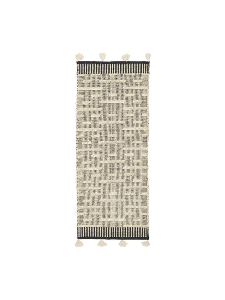 Tapis de couloir en laine à houppes tissé main Rue, 50 % laine, 50 % coton

Les tapis en laine peuvent perdre des fibres lors des premières semaines et des peluches peuvent se former, ce phénomène est naturel et diminue à mesure de votre usage et du temps, Beige, noir, larg. 80 x long. 200 cm