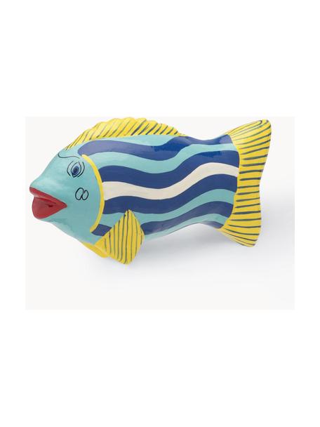 Handbemaltes Deko-Objekt Mythical Fish, Steingut, Blautöne, Sonnengelb, B 16 x H 7 cm
