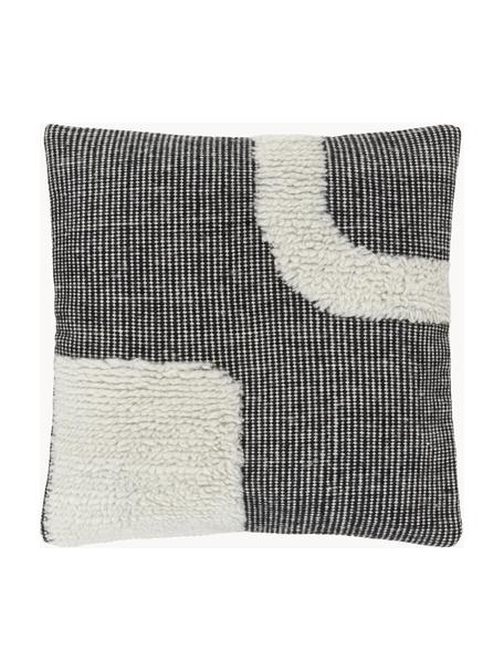 Funda de cojín artesanal Wool, Parte superior: 89% lana, 11% algodón, Parte trasera: 100% algodón, Negro, blanco crema, An 45 x L 45 cm