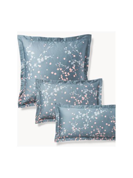 Funda de almohada de satén estampada Sakura, Azul, rosa claro, blanco, An 50 x L 70 cm