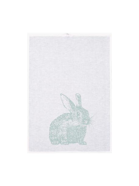 Torchon sérigraphié à la main Lapin de Garenne, 52 % lin, 48 % coton, Blanc, vert menthe, larg. 50 x long. 70 cm