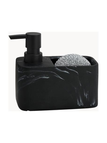 Dispensador de jabón en look mármol con esponja Galia, juego de 2, Recipiente: poliresina, Dosificador: plástico, Estropajo: metal, Aspecto mármol negro, An 15 x Al 14 cm