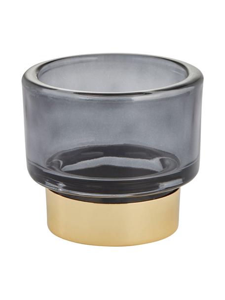 Handgefertigter Teelichthalter Miy in Dunkelgrau, Glas, Dunkelgrau, transparent, Goldfarben, Ø 8 cm