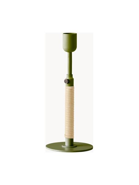 Candelabro regolabile in altezza Duca, Acciaio, verniciato a polvere, rattan, Verde oliva, beige chiaro, Ø 8 x Alt. 17 cm