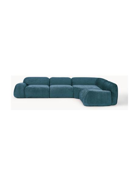 Canapé d'angle modulable 4 places en peluche-bouclette Wolke, Peluche-bouclette bleu pétrole, larg. 349 x prof. 262 cm
